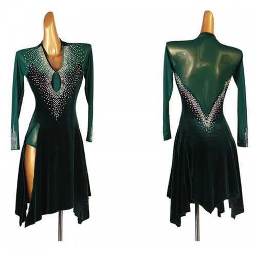 Dark green velvet with mesh diamond competition latin dance dress for women girls stage performance modern dance rumba salsa chacha dance side slit dresses